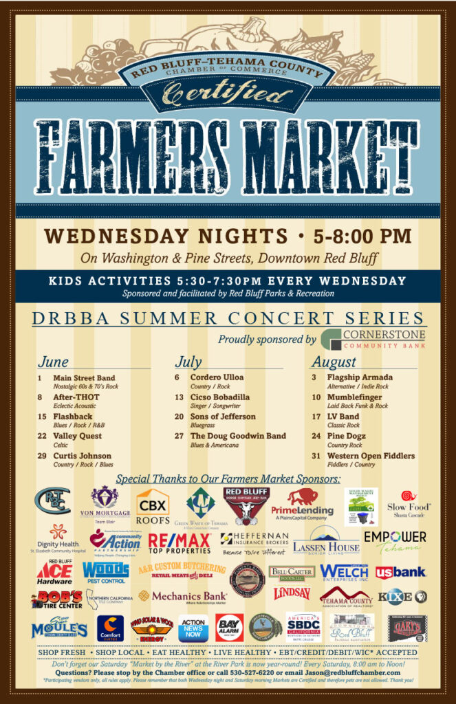 Poster that reads: Farmers Market Wednesday Nights from 5-8pmm on washington and pine street in downtown red bluff